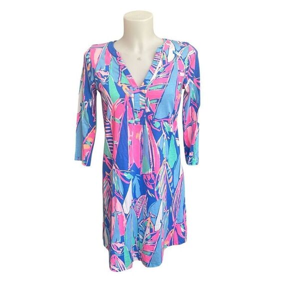 Lilly Pulitzer‎ ALI Dress Out To Sea 100% Pima Cotton 3/4 Sleeve V neck XS - Picture 1 of 8